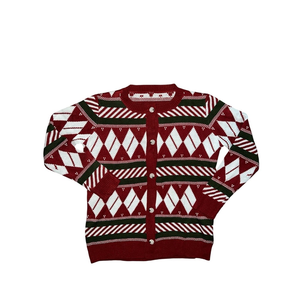Yesfashion Red Green Argyle Christmas Button Front Cardigan Sweater Small NEW